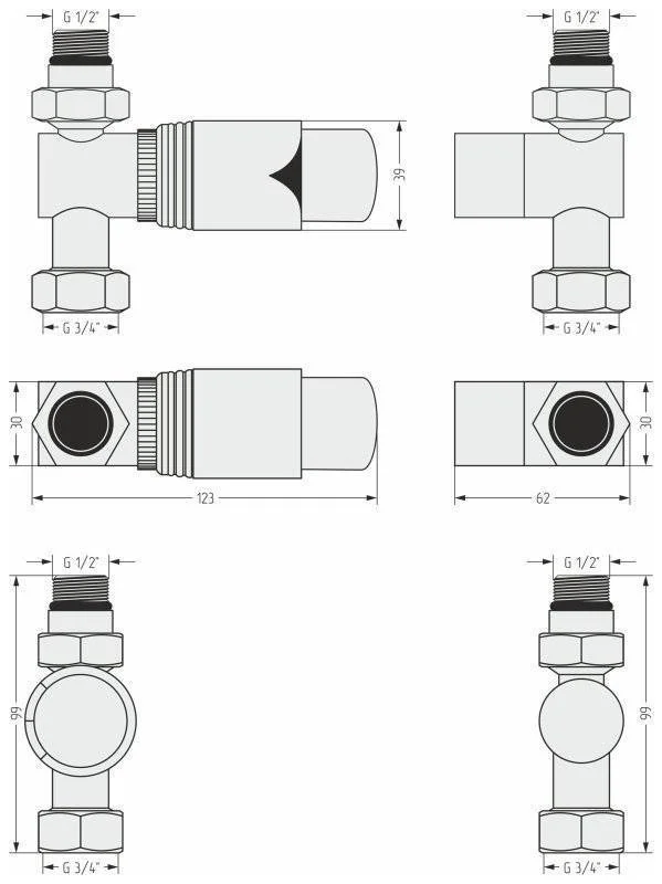 Автоматический терморегулятор прямой G 1/2" НР х G 3/4" НГ (набор) (Чёрный хром)