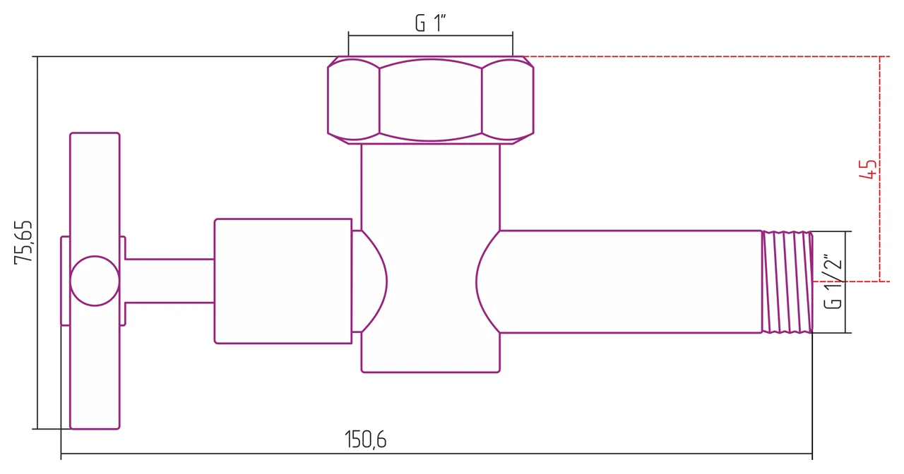 Вентиль запорный (крестовой) G 1" НГ х G 1/2" НР (Без покрытия)