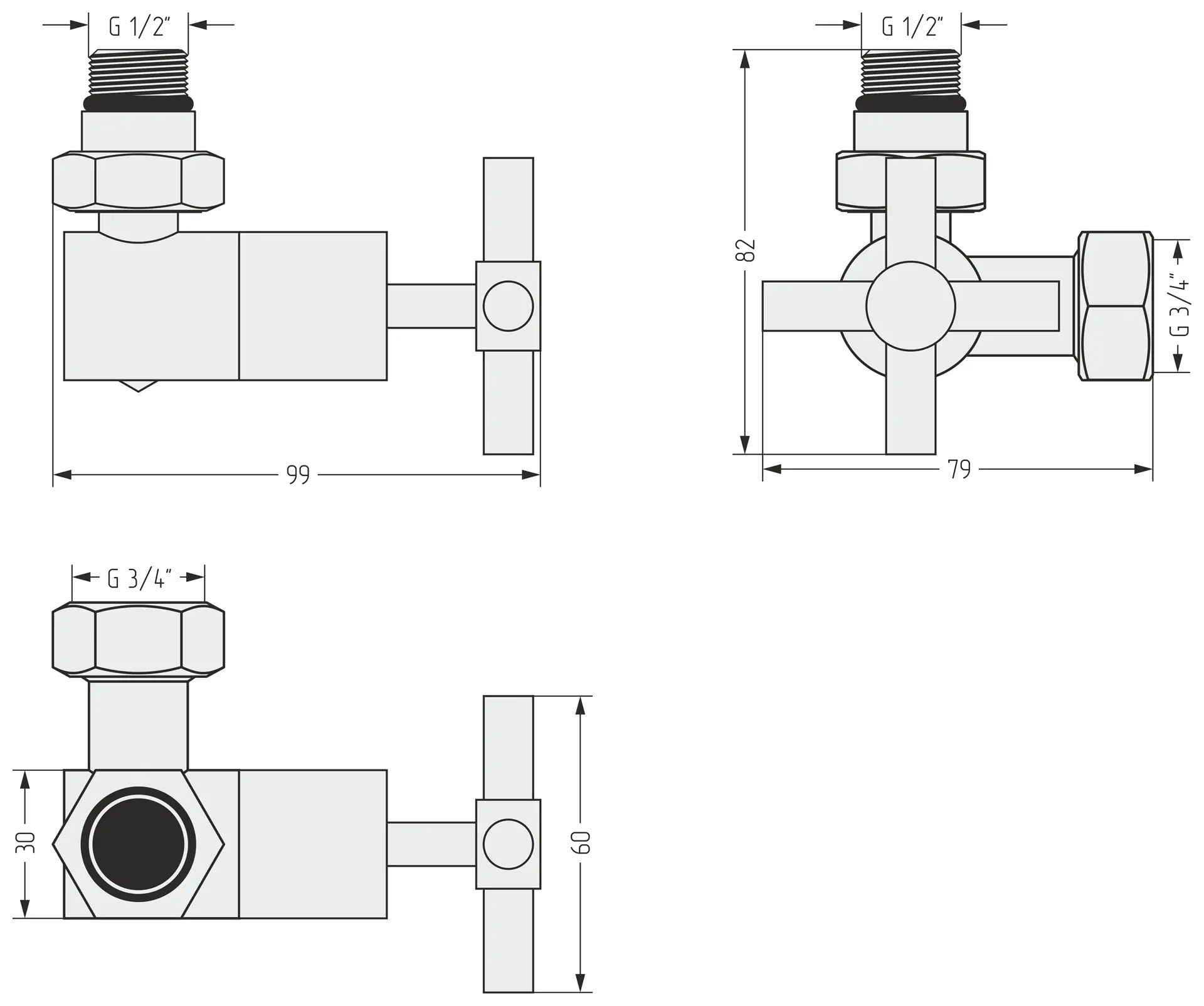 Вентиль 3D левый (крест) G 1/2" НР х G 3/4" НГ (Без покрытия)