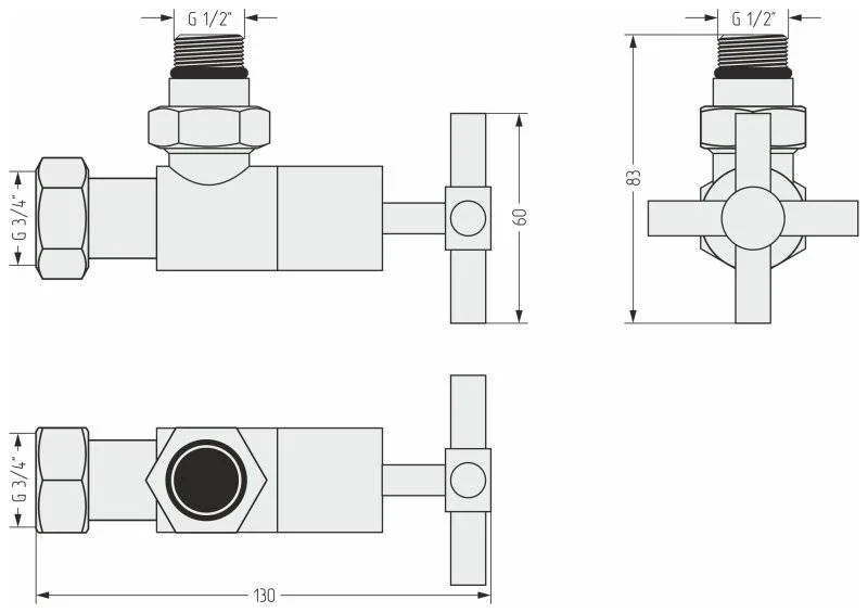 Вентиль угловой (крест) G 1/2" НР х G 3/4" НГ (RAL 9011 Графитовый чёрный)