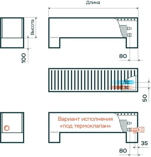 Напольный конвектор KN 135x130x1000 (50x100) Конц прав RAL9005 RAL3020 (решетка рулонная)