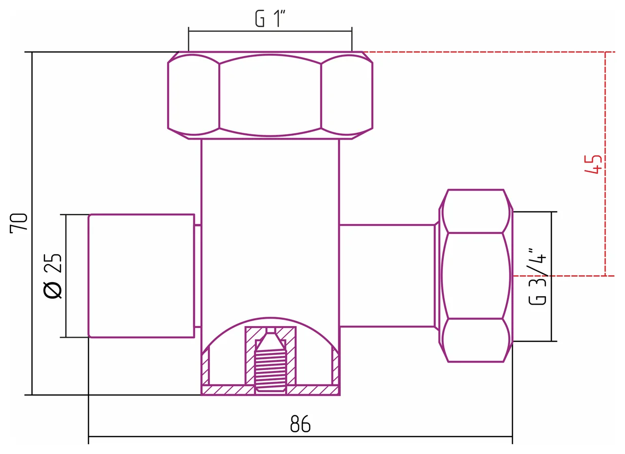 Вентиль с клапаном запорный (скрытый) G 1" НГ х G 3/4" НГ (Без покрытия)