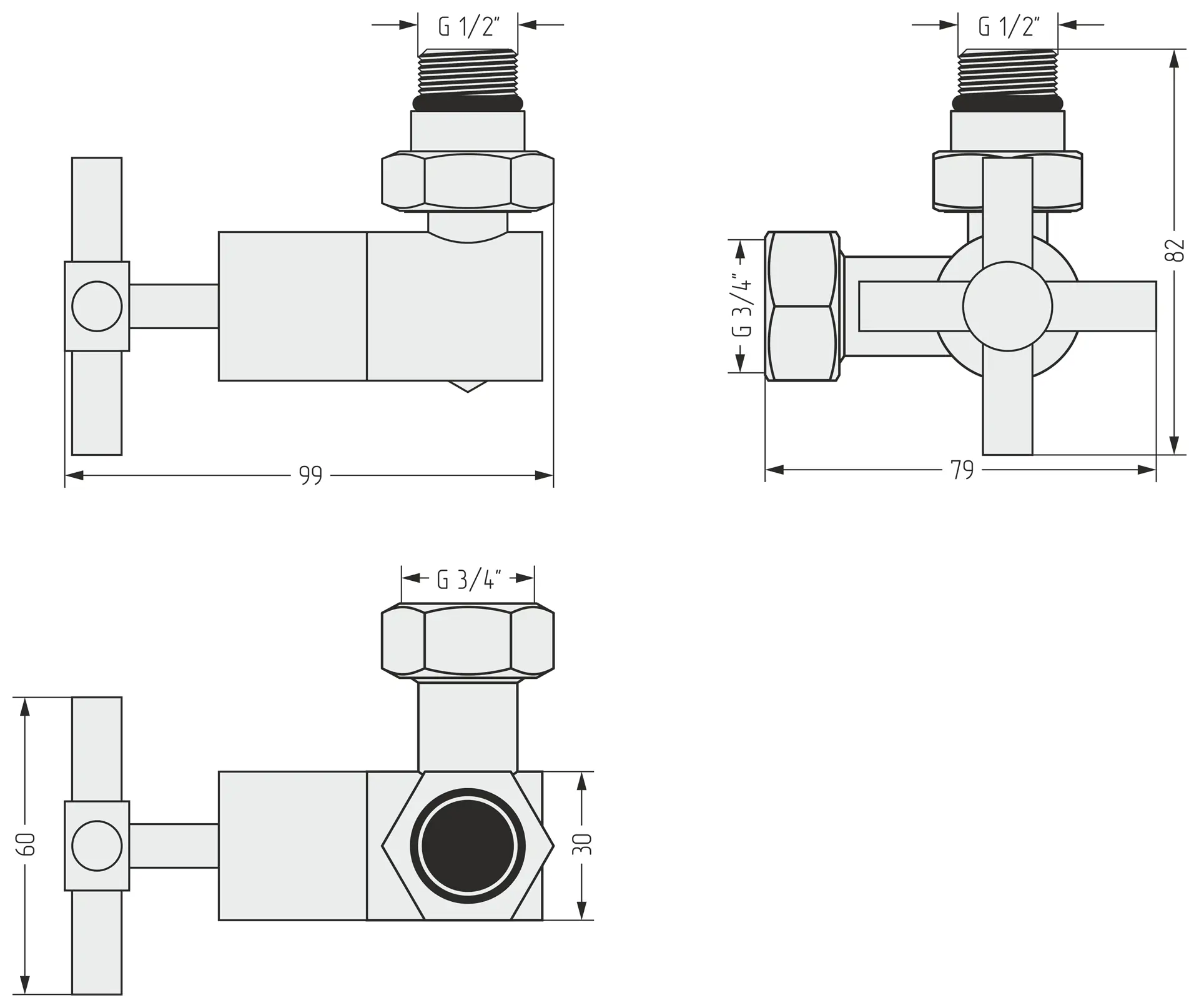 Вентиль 3D правый (крест) G 1/2" НР х G 3/4" НГ (Без покрытия)